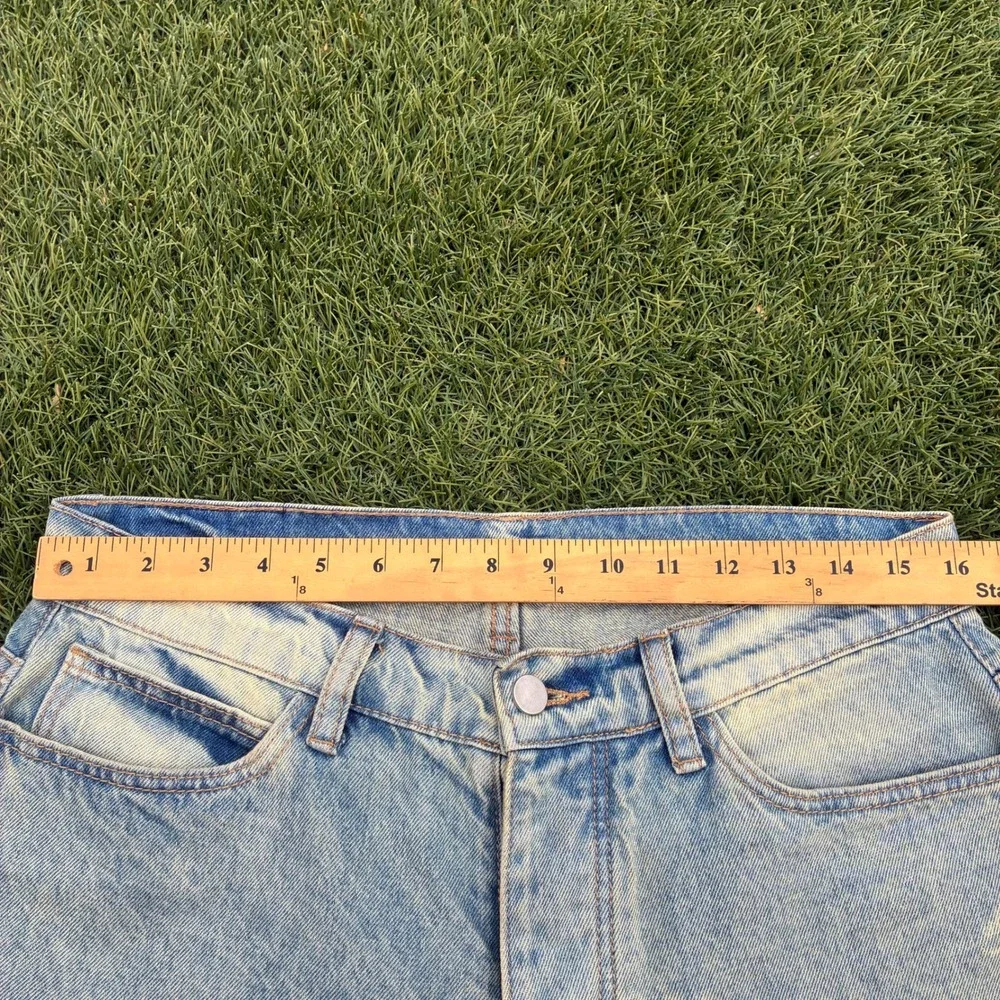 MNML Mens 32x33 Slim Fit Acid Wash Distressed Hem Denim Jeans Light Blue